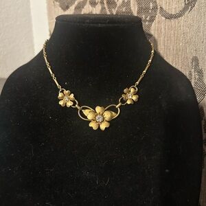 Vintage 1950’s Gold-Tone Floral Necklace with Clear Rhinestones